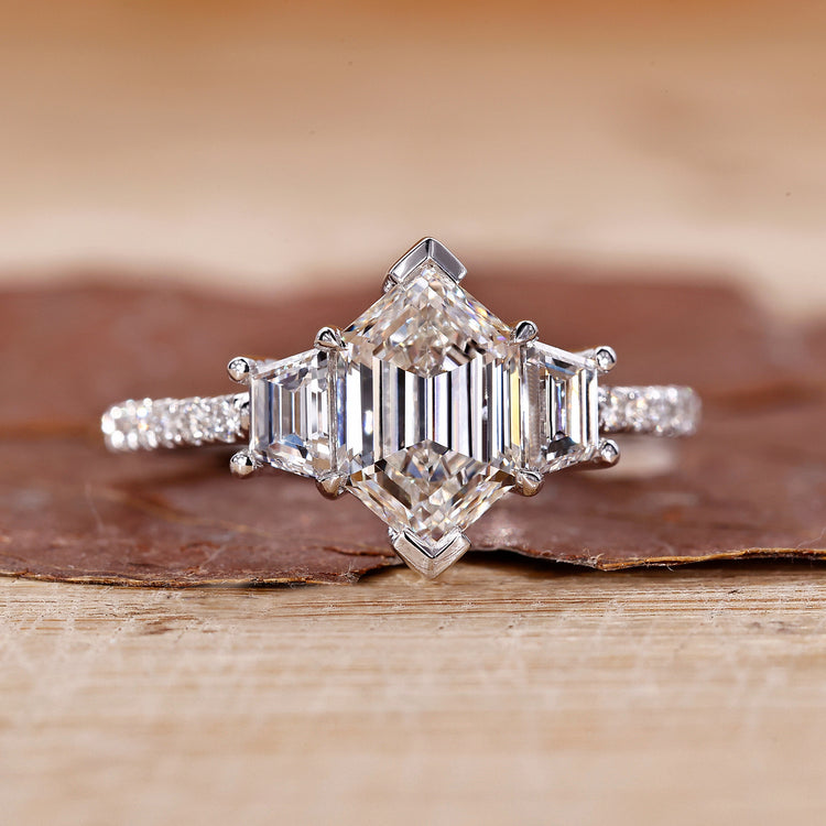 Hexagon engagement ring with a modern geometric design.