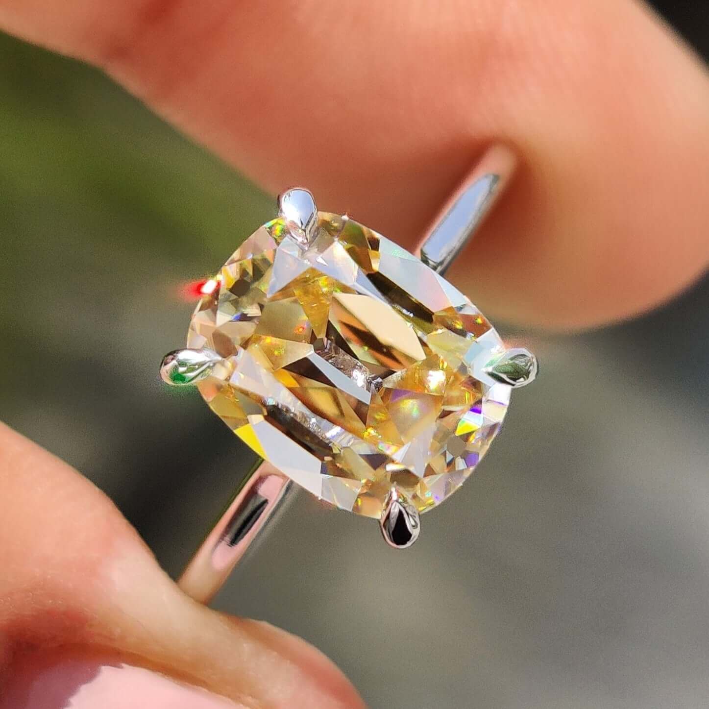 Yellow Cushion Old European Cut Moissanite Solitaire Engagement Ring