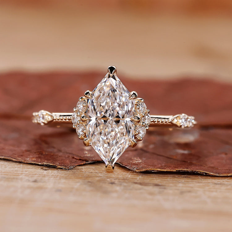 Dutch marquise diamond engagement ring with vintage inspired design.