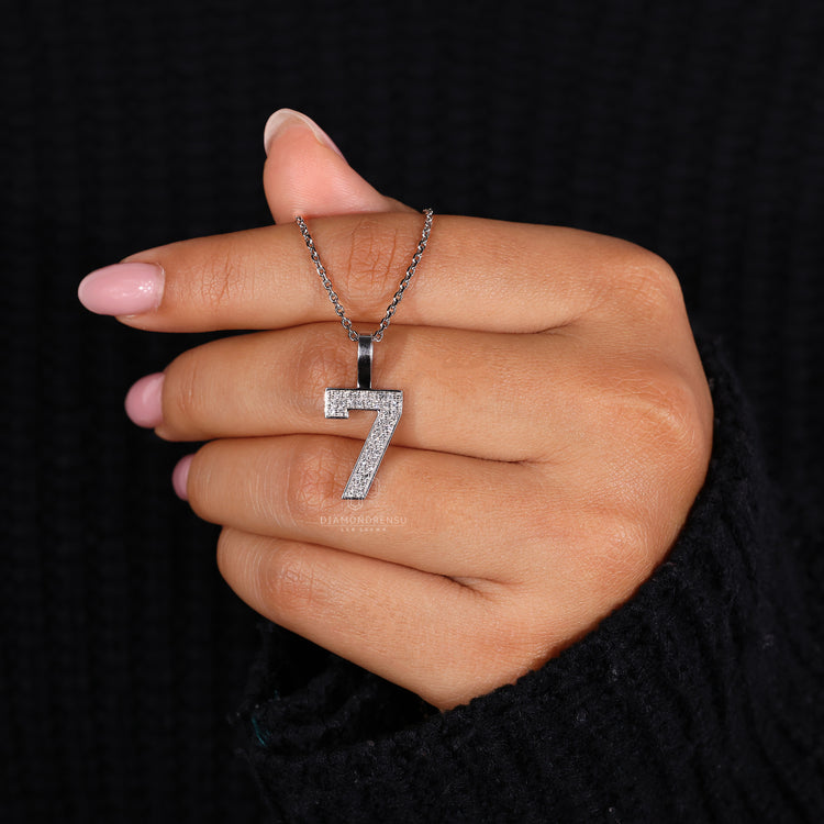 Lab Grown Diamond numeric number pendant in white gold prong setting.