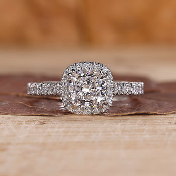 Cushion halo engagement ring, white gold ring, handmade jewelry