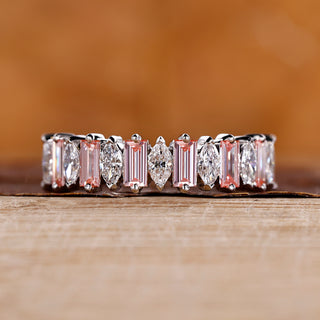 Pink and Diamond Wedding Band featuring marquise and baguette diamonds.