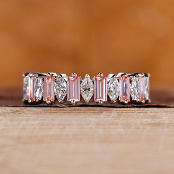 Pink and Diamond Wedding Band featuring marquise and baguette diamonds.