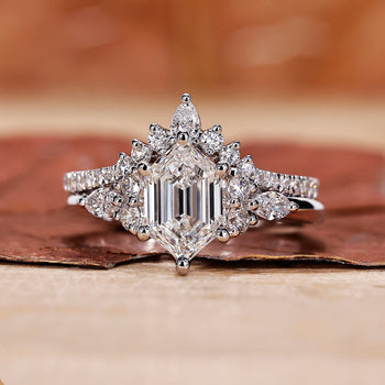 Hexagon Diamond Ring With Curved Wedding Band Set featuring a unique design.