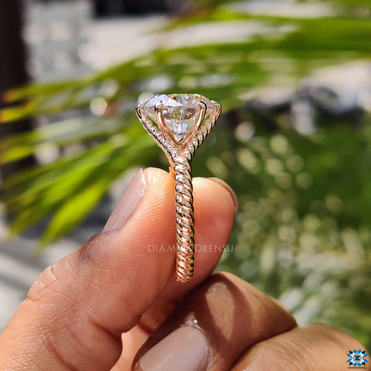 Elegant six prong setting showcasing a round cut stone.