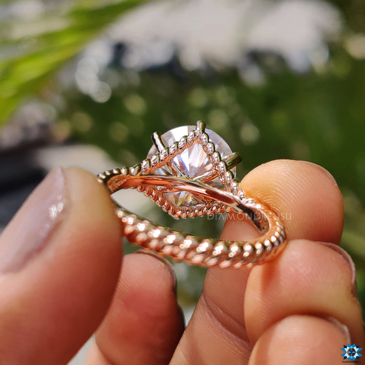 Buy moissanite ring with a dazzling round center.