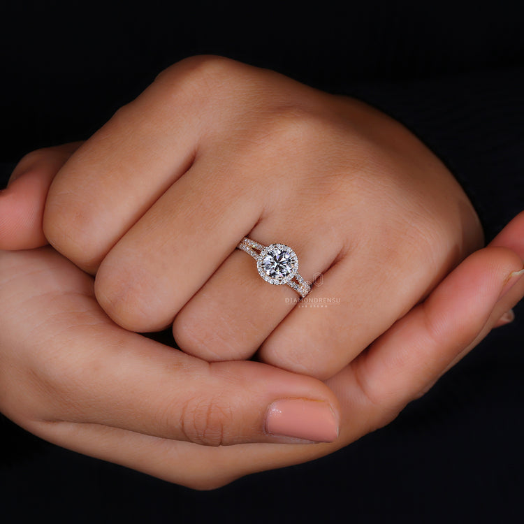 Elegant halo diamond set in a pave style.