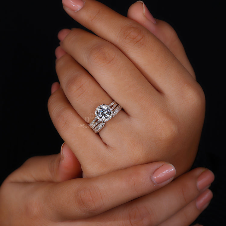 Halo Bridal Set with brilliant cut diamond for a stunning look.