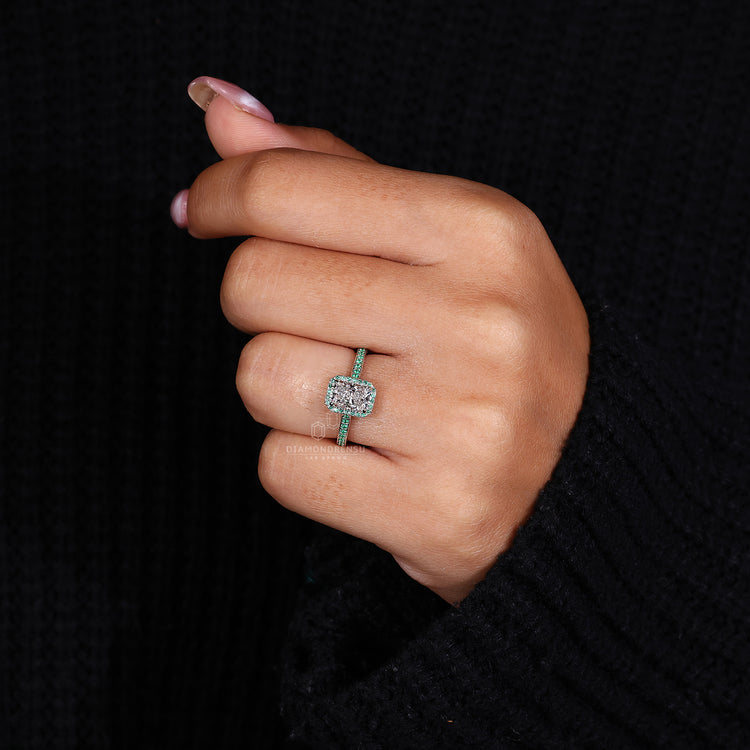 Halo Engagement Ring designed with a radiant cut diamond.