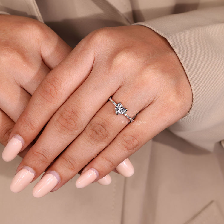 Lab Grown Diamond heart shaped ring in rose gold setting.