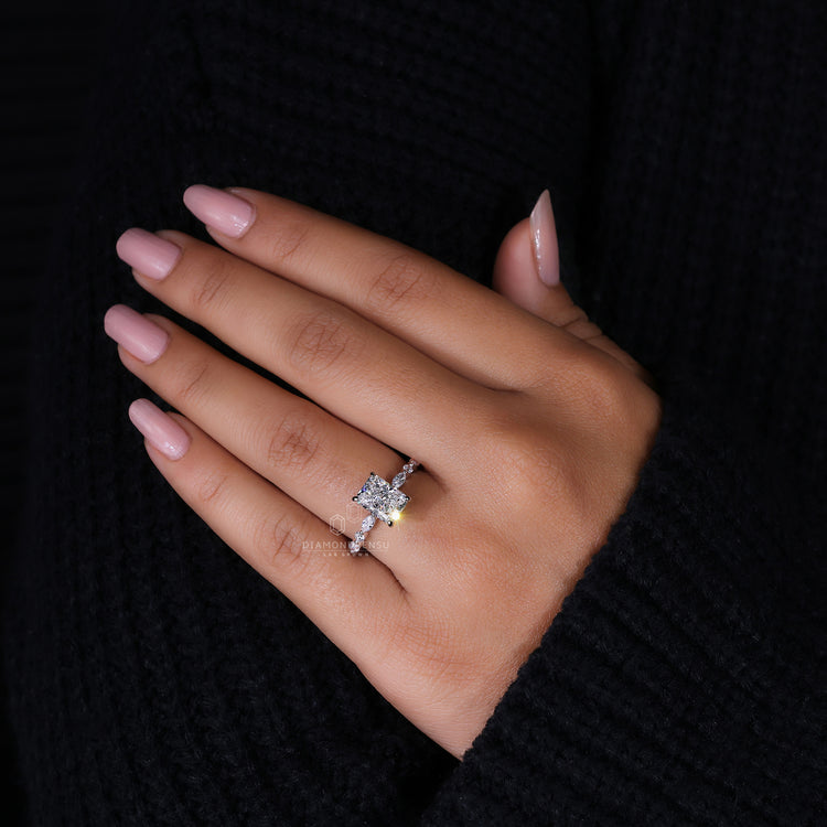 Unique Engagement Ring featuring an eye-catching radiant cut diamond.