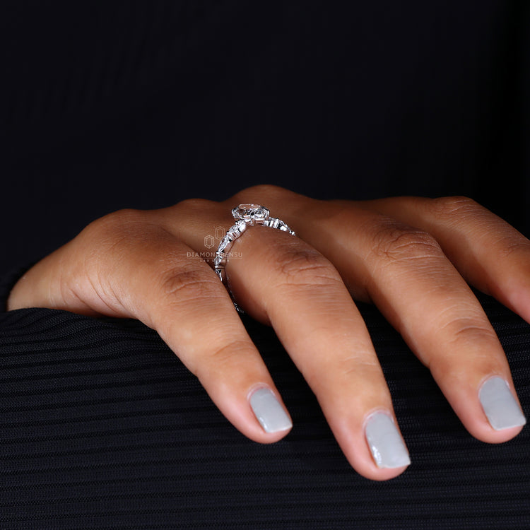 Marquise Cut Engagement Ring in a shared prong setting with handmade ring.