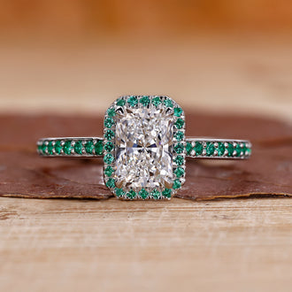 Radiant Halo Engagement Ring featuring a brilliant radiant cut diamond.