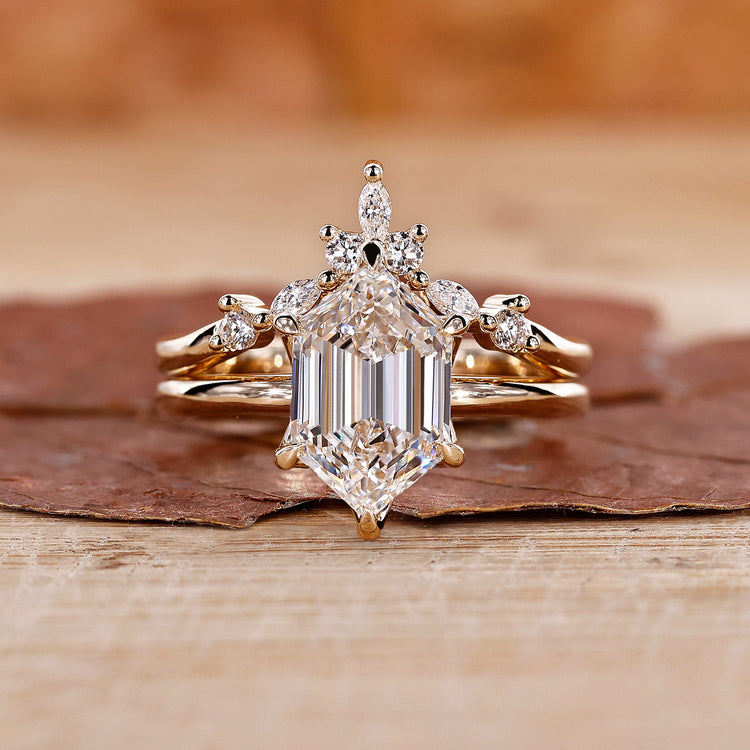 Hexagon Cut Wedding and Engagement Ring Set with unique design.