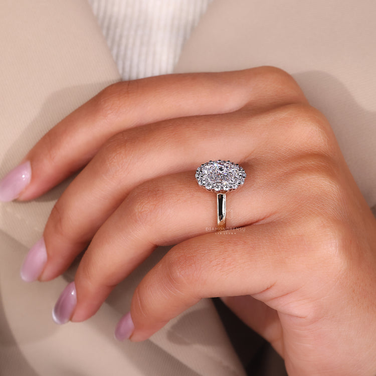 Halo diamond ring with round lab grown diamond and IGI certified stone