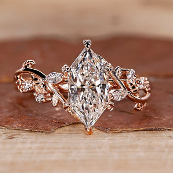 Dutch Marquise Diamond Ring with Vines and Leaves Design in Rose Gold