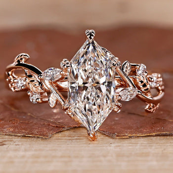 Dutch Marquise Diamond Ring with Vines and Leaves Design in Rose Gold