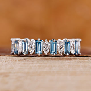 Blue Diamond Wedding Band with marquise and baguette diamond accents.