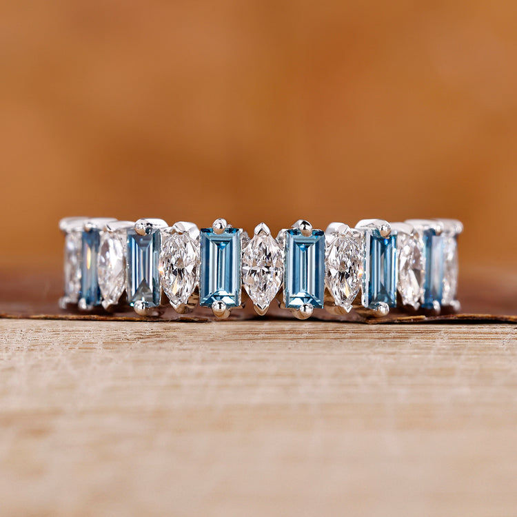 Blue Diamond Wedding Band with marquise and baguette diamond accents.