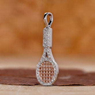 Custom diamond racket charm pendant with prong set and gold setting.
