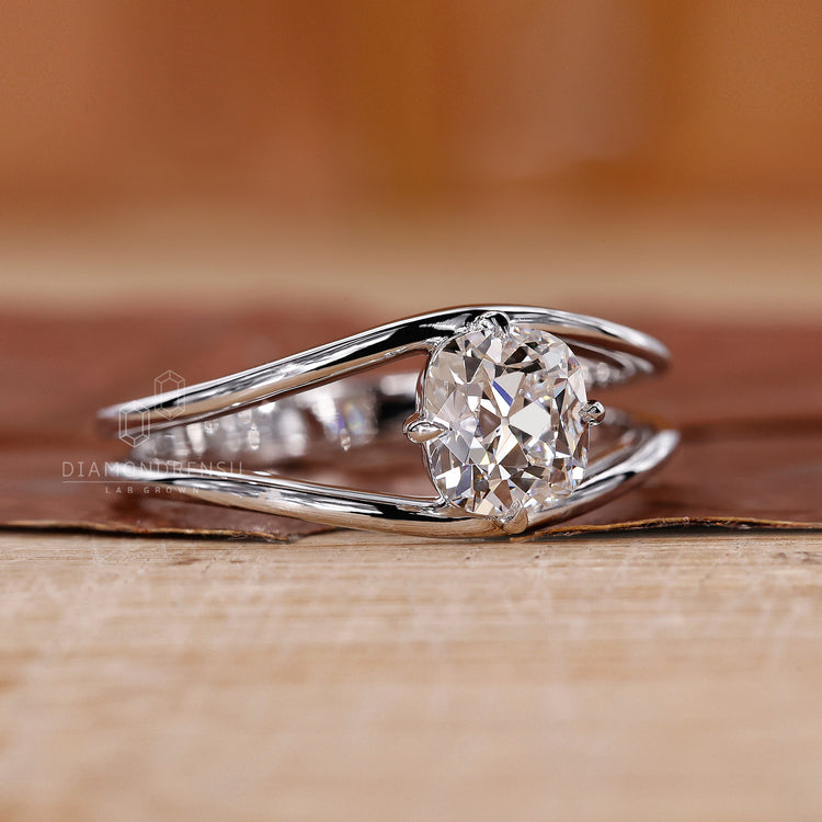 Old European Cushion Cut Diamond set in a secure prong setting.