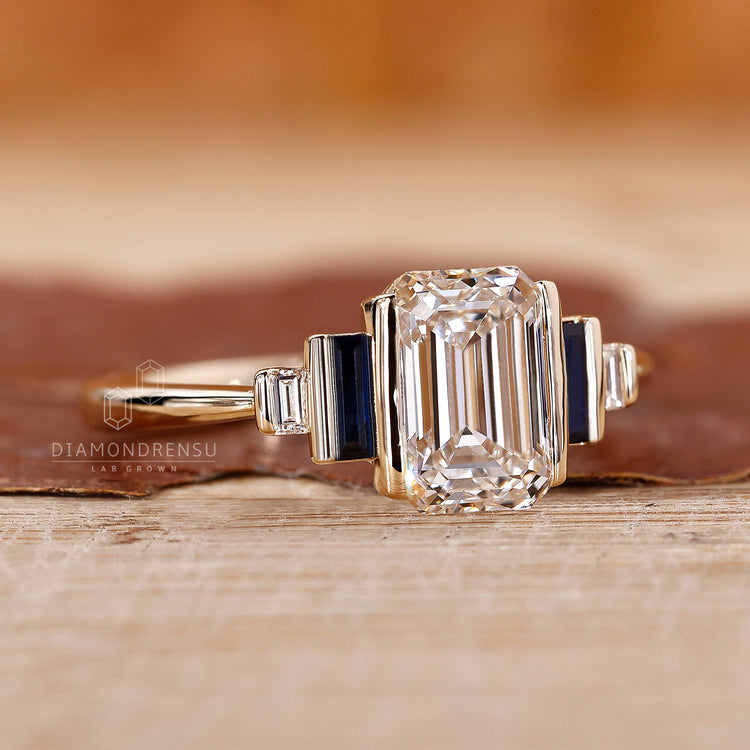 Yellow Gold Engagement Ring Lab Grown Emerald Ring