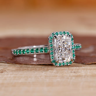 Radiant Cut Diamond Ring in a classic halo setting.