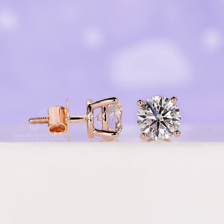 Round cut diamond earrings, rose gold earrings, handmade studs earrings