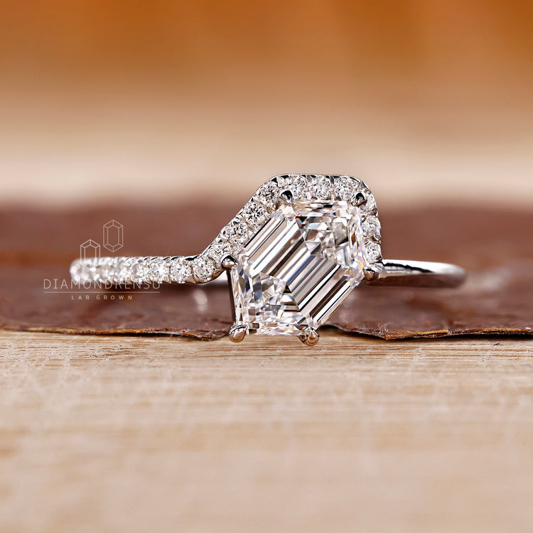 Diamondrensu engagement ring featuring a hexagon diamond and half halo.