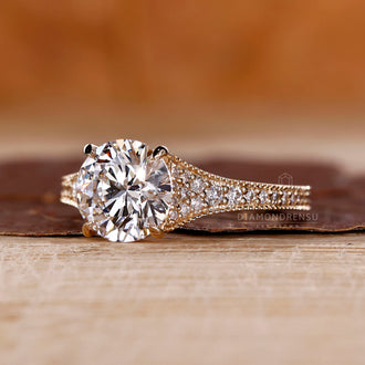 Buy lab grown ring with milgrain and pave style.