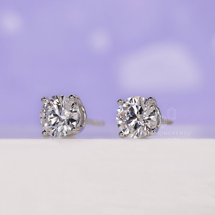 Gold and diamond stud earrings, lab grown diamond, 4 prong setting