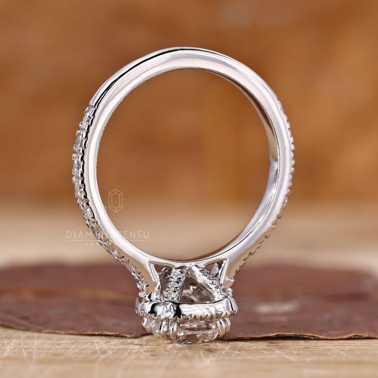 Cushion halo engagement ring, igi certified, hidden round diamonds set in basket