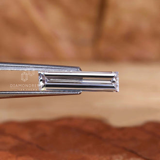 Loose lab grown diamond in long baguette cut style.