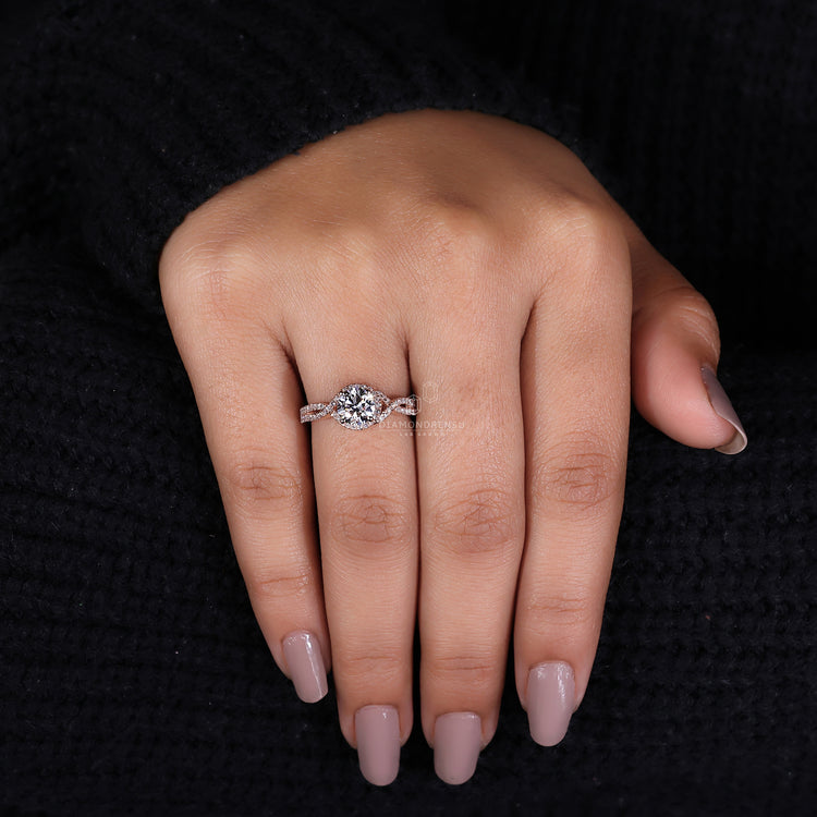 Round Cut Diamond Twisted Pave Engagement Ring