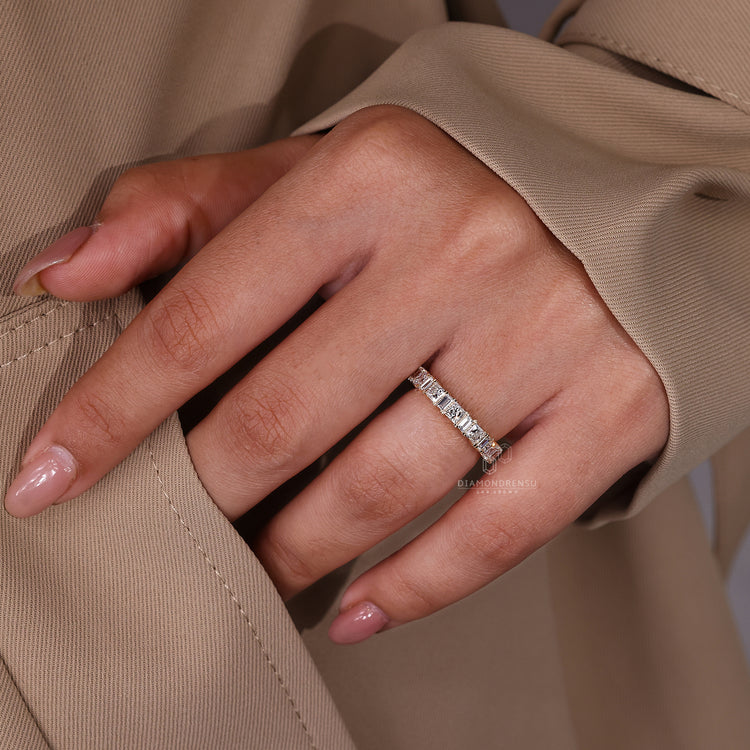 Lab grown diamond wedding band in a custom design.