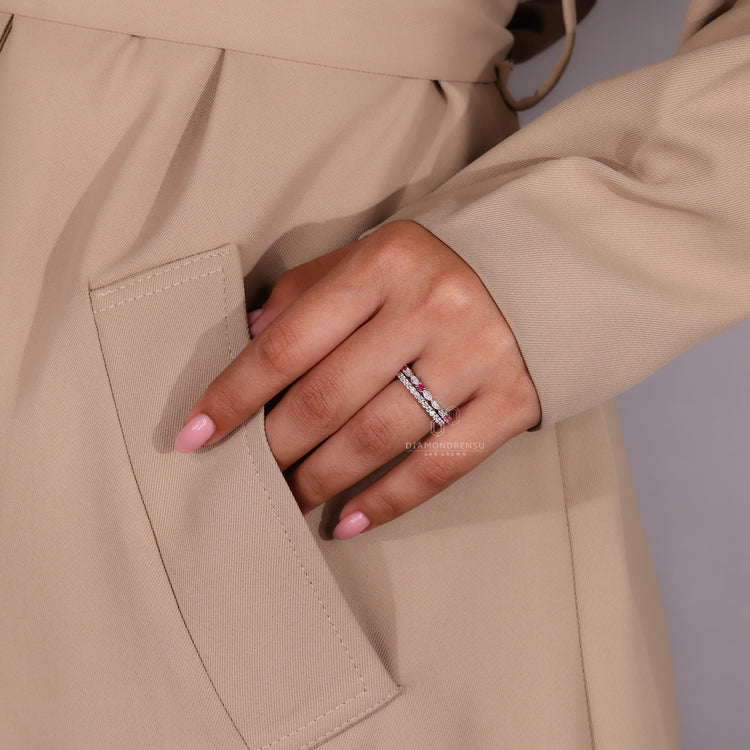 Lab grown diamond wedding band set in white gold with custom features.