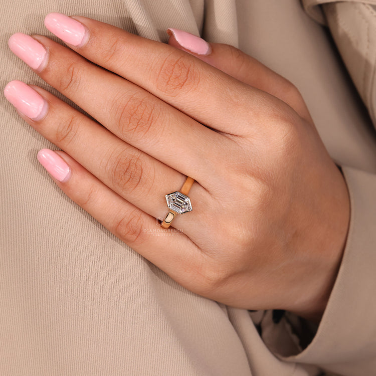 Hexagon solitaire ring with a cathedral setting ring style
