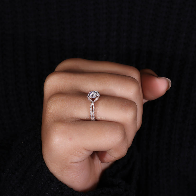 Round Cut Diamond Twisted Pave Engagement Ring