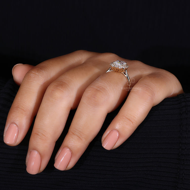 Halo diamond engagement ring with lab grown diamonds.