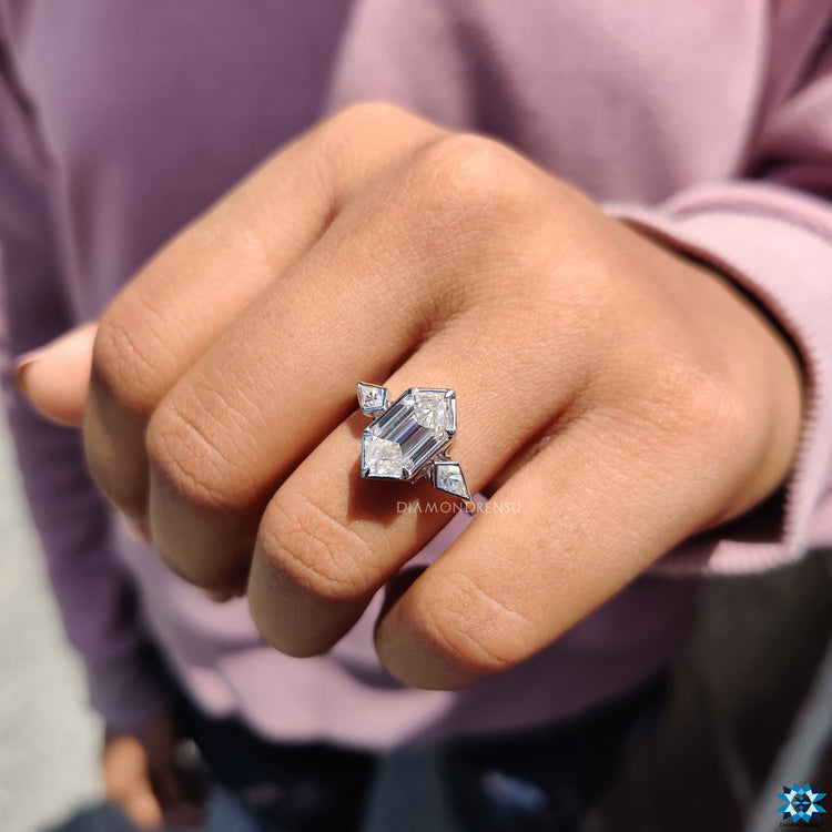 Hexagon moissanite ring with bezel setting