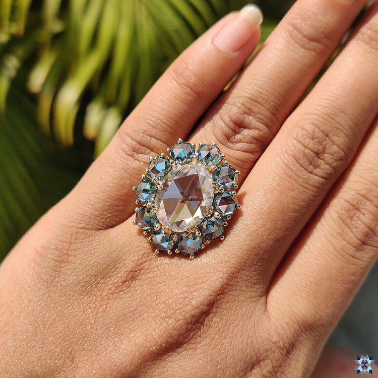 Rose cut engagement ring, pave band engagement ring