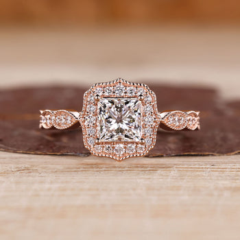 Lab Grown Princess Diamond Ring With Halo And Cathedral Style.