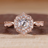 Hexagon Diamond Ring With Vintage Style And Milgrain Setting.