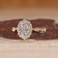 Handmade Elongated Cushion Diamond Ring With Round Pave Band.