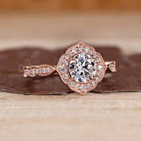 Round Diamond Ring With Milgrain Details And Halo Frame.