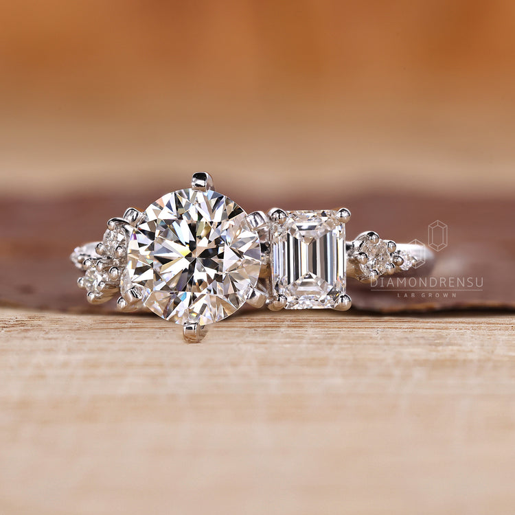 Six tab prong cluster diamond ring in handmade white gold