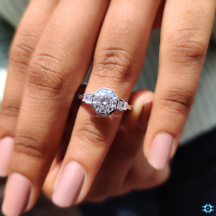 Buy moissanite ring designed with side stones.