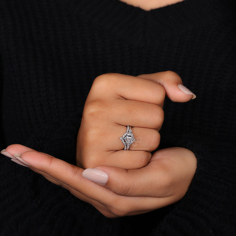 Hexagon Diamond Ring - Curved Wedding Band Set