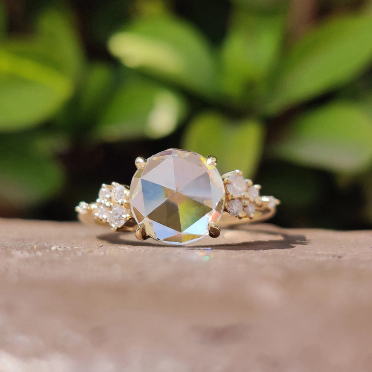 Rose cut moissanite ring set in yellow gold with a handmade finish.