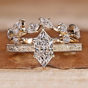 Dutch Marquise wedding ring with vintage Art Deco style.